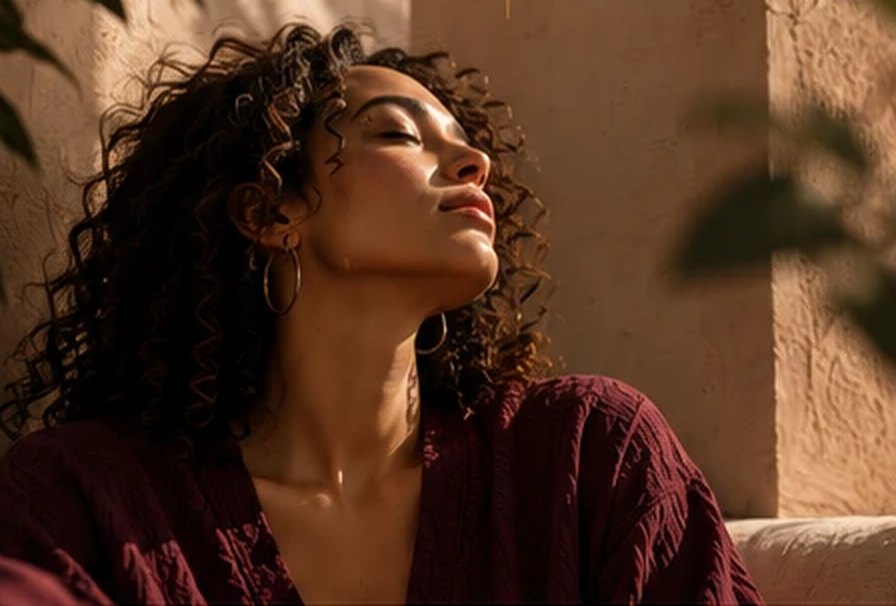 A woman with curly hair resting her head back, eyes closed, in warm sunlight.